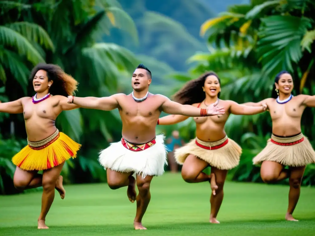 Grupo de bailarines samoanos en trajes tradicionales, ejecutando la danza Siva al ritmo del tambor pate