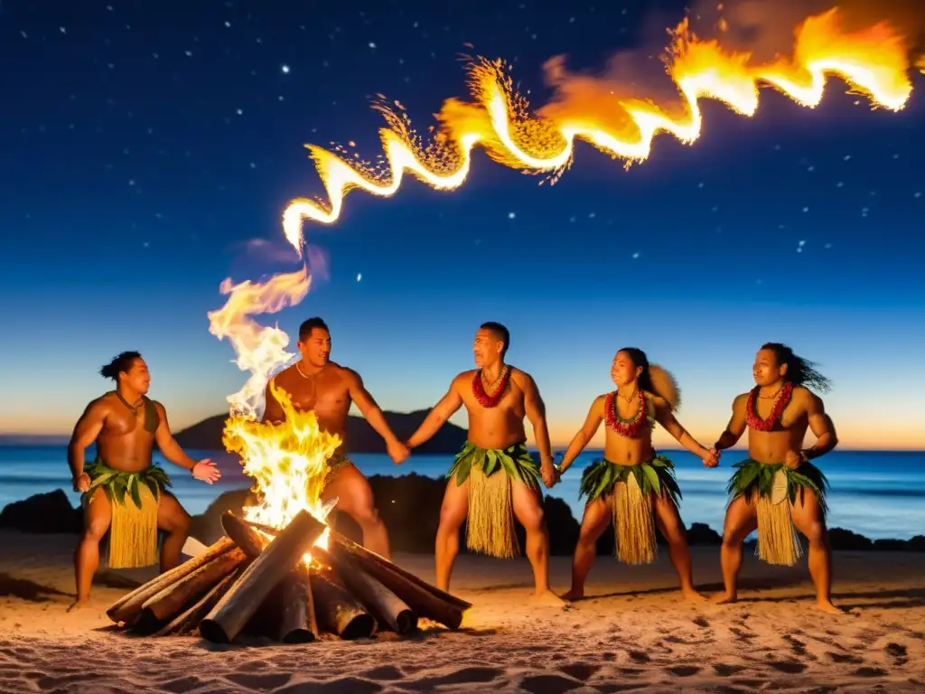 Un grupo de bailarines samoanos con trajes tradicionales danzando alrededor de una fogata en el Festival de Danza de Samoa