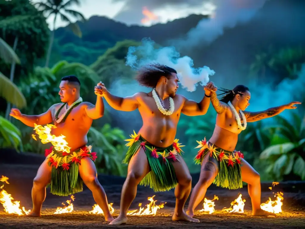 Un grupo de bailarines samoanos en trajes tradicionales danza con fuego en el Festival de Danza de Samoa, entre un exuberante bosque tropical