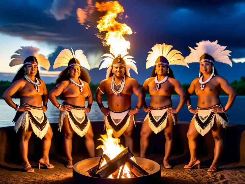 Grupo de bailarines samoanos en trajes tradicionales Siva Afi danza Samoana significado, realizando una impactante performance alrededor de una fogata