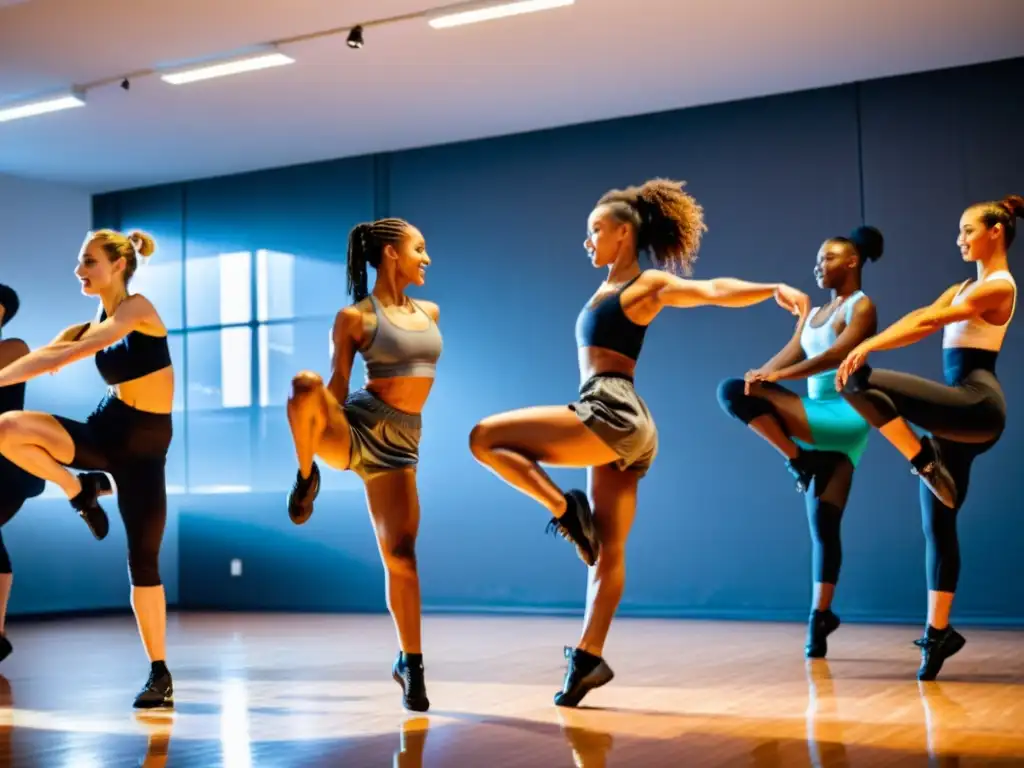 Un grupo de bailarines ejecutando secuencias de cardio en un estudio, con movimientos intensos y expresiones enfocadas