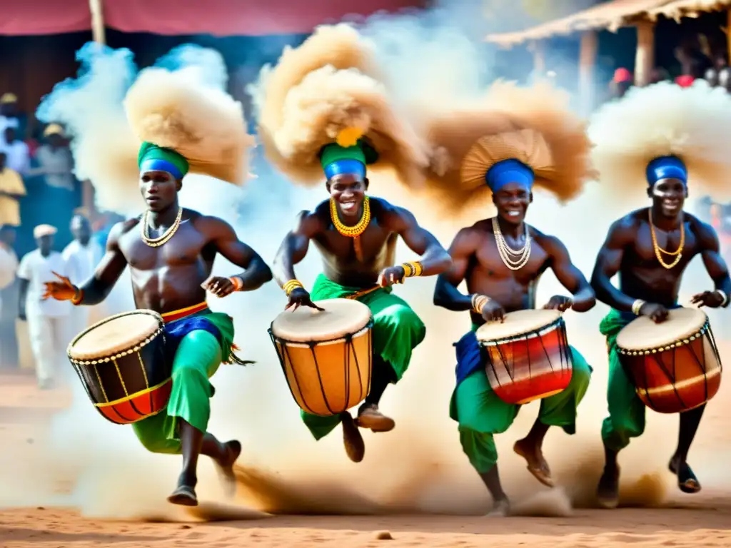 Grupo de bailarines senegaleses ejecutando danzas tradicionales Sabar en un evento vibrante