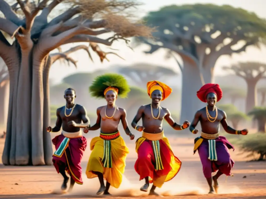 Grupo de bailarines senegaleses realizando la energética danza Sabar en un claro soleado, rodeados de baobabs