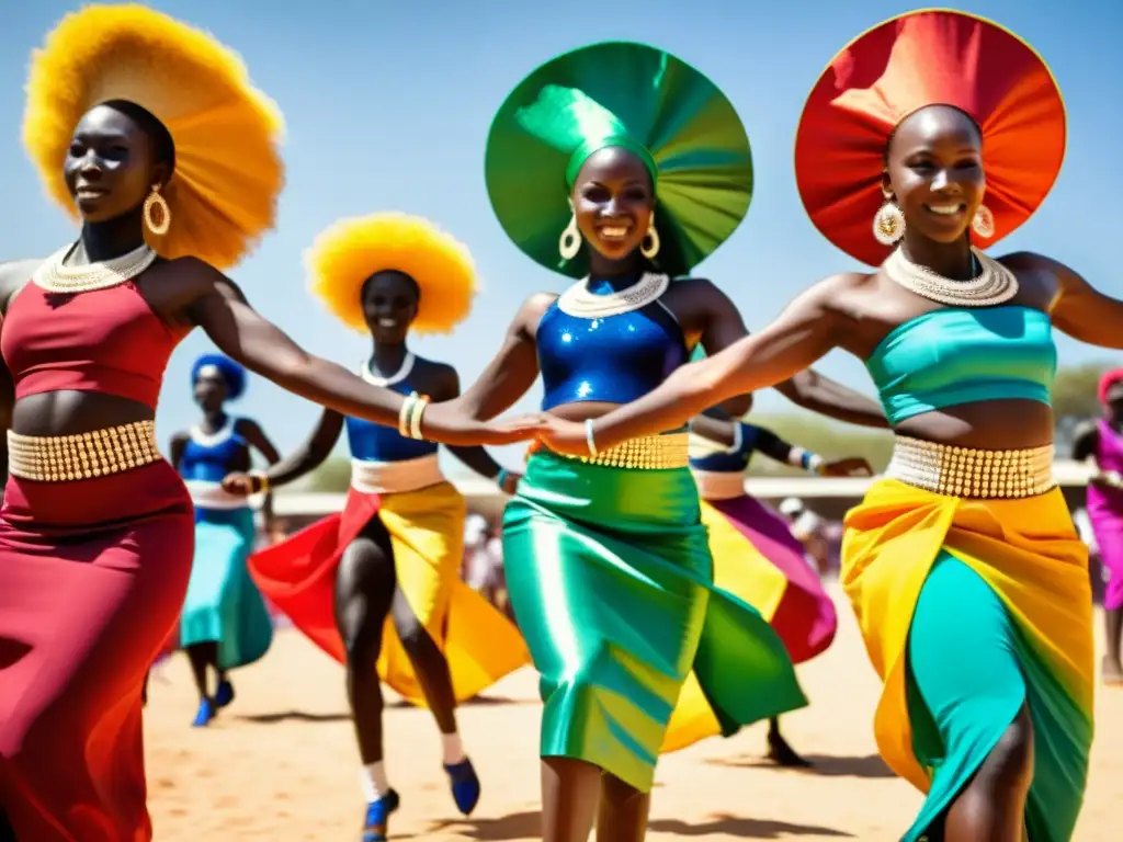 Grupo de bailarines senegaleses realizando la enérgica danza Mbalax en un festival moderno, con trajes tradicionales vibrantes y significado cultural