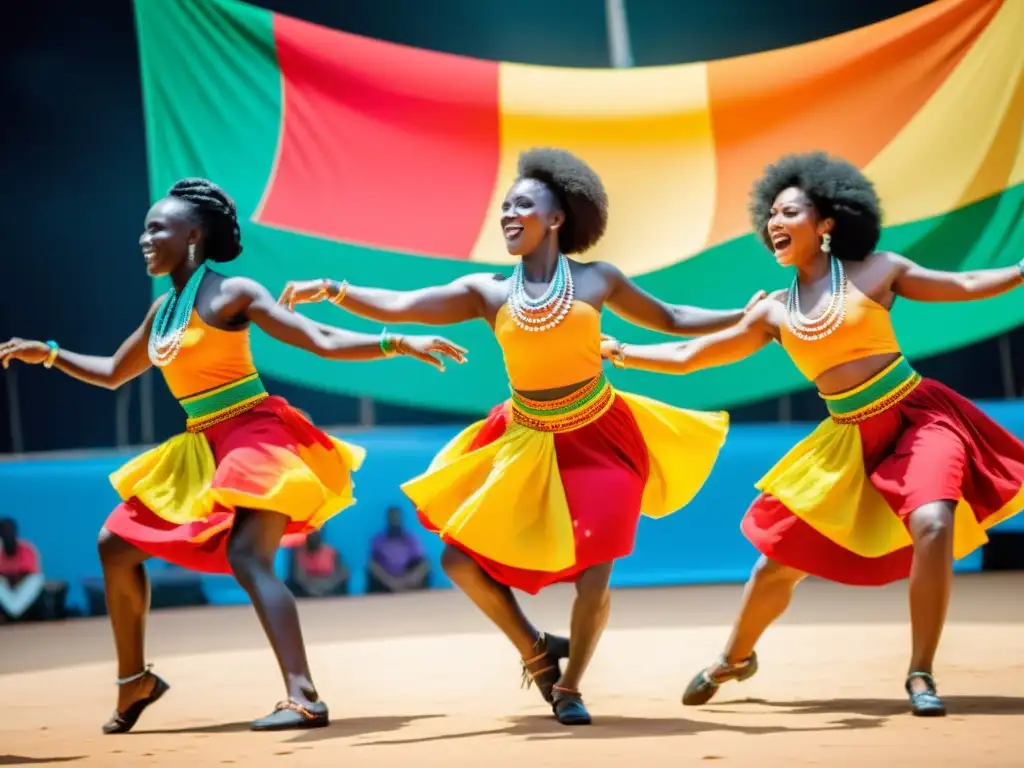 Grupo de bailarines senegaleses realizando la enérgica Danza Mbalax en un festival moderno, mostrando su significado cultural y vibrante atmósfera