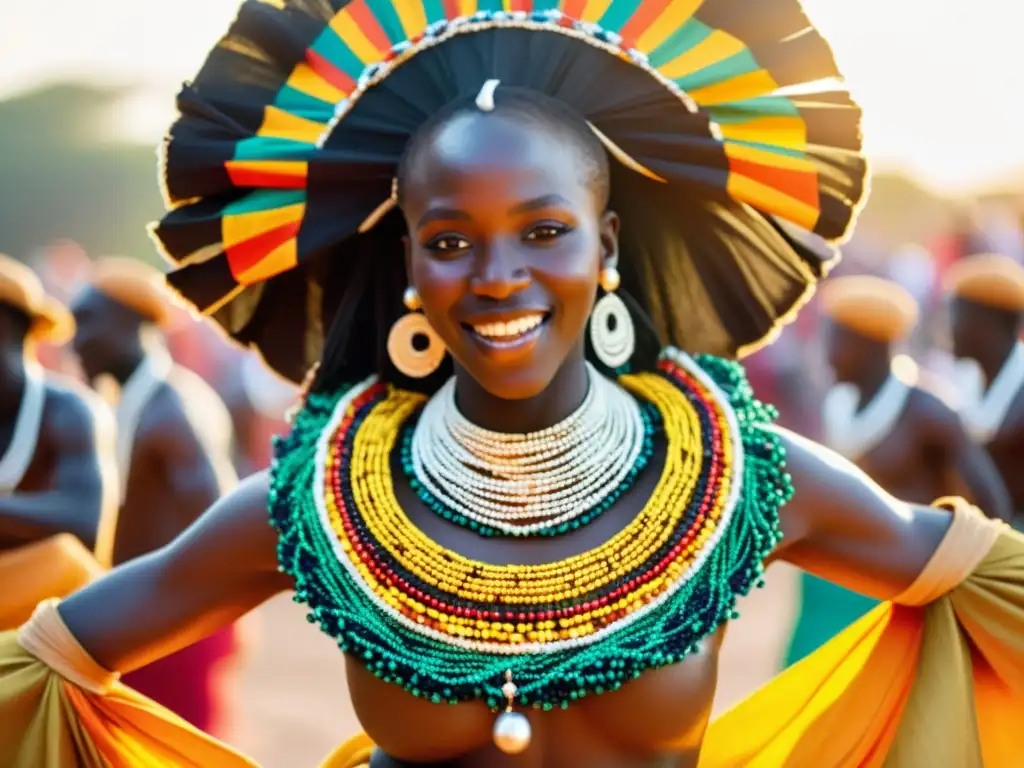 Grupo de bailarines senegaleses realizando la enérgica danza Sabar, con trajes tradicionales vibrantes y patrones intrincados