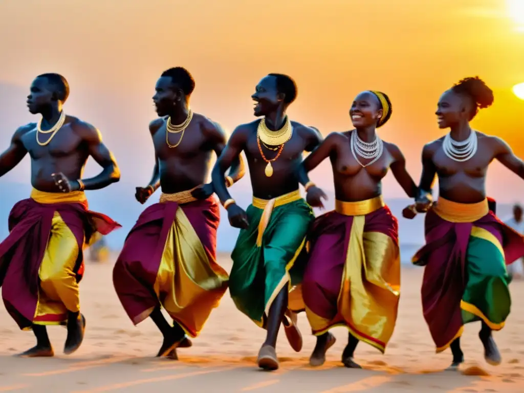 Grupo de bailarines senegaleses realizando la enérgica danza Sabar bajo el cielo abierto, expresando el significado cultural de Senegal