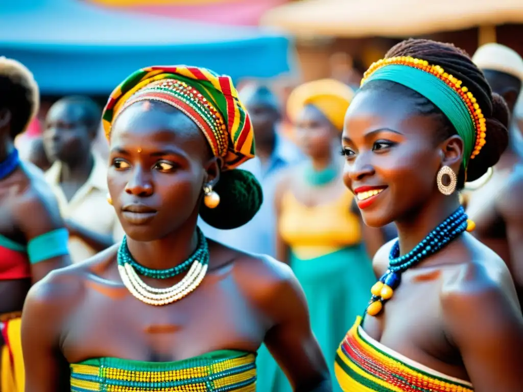 Grupo de bailarines senegaleses en trajes tradicionales realizando la danza Sabar, con expresiones de asombro y alegría en la multitud