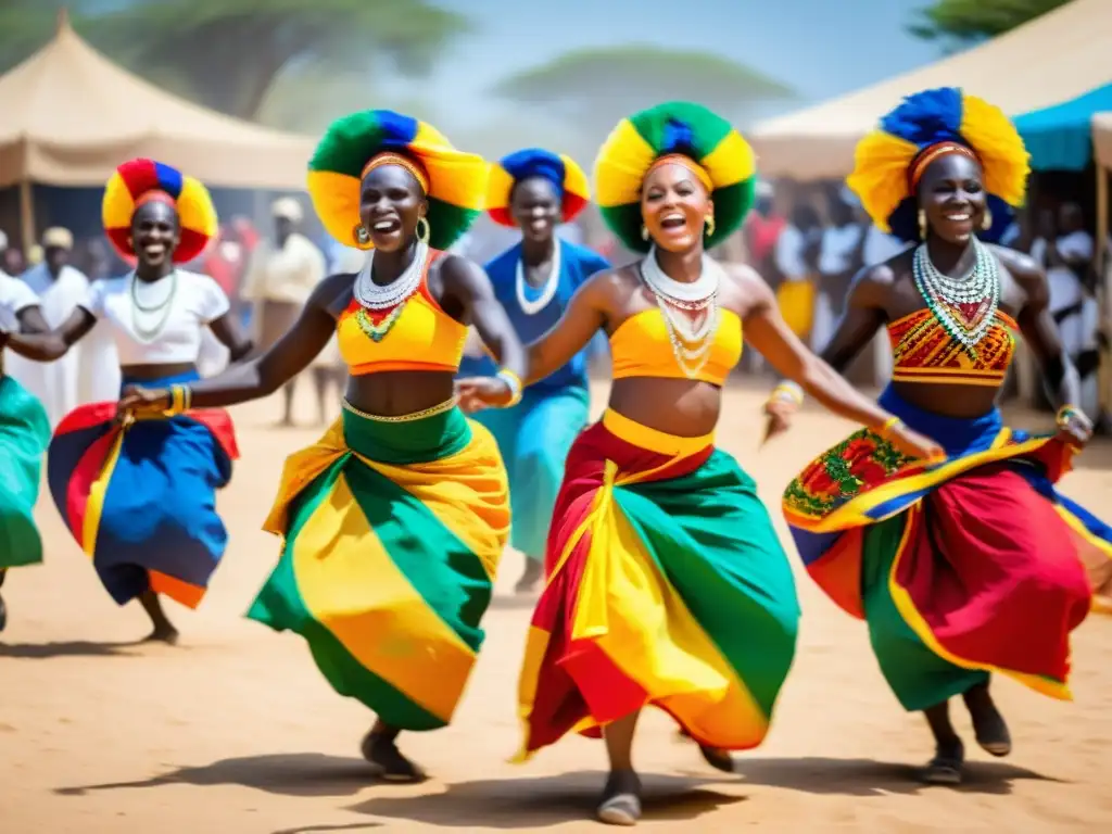 Grupo de bailarines senegaleses vistiendo trajes tradicionales, ejecutando la enérgica danza Sabar mientras son observados con asombro y alegría