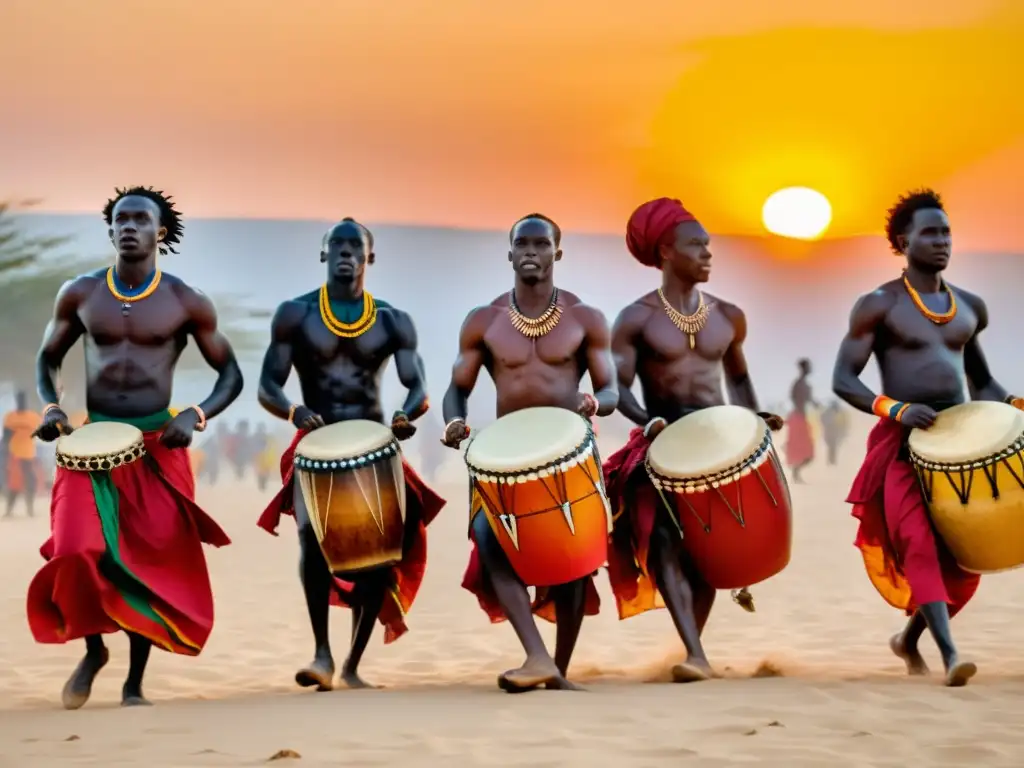 Grupo de bailarines senegaleses en trajes tradicionales, danzando al ritmo de percusión bajo el cielo abierto al atardecer