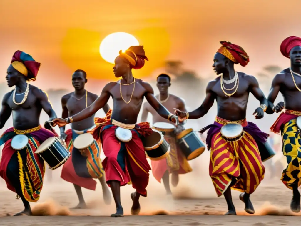 Grupo de bailarines senegaleses en trajes tradicionales danzando al ritmo de tambores al atardecer en Senegal