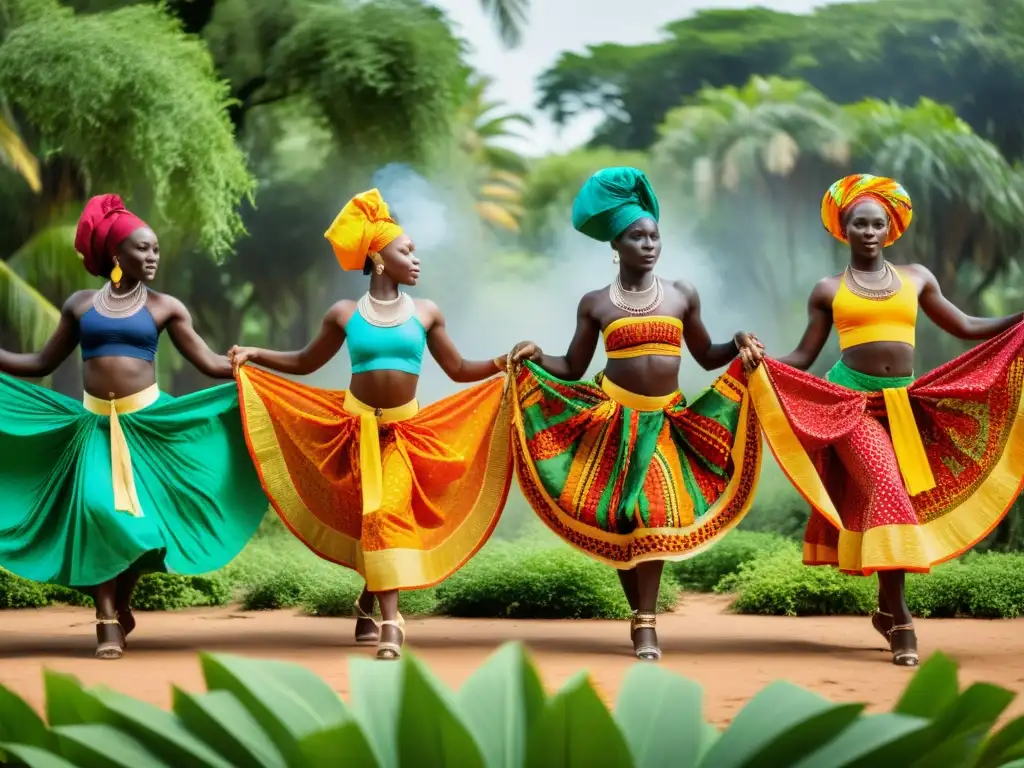 Un grupo de bailarines senegaleses con trajes vibrantes ejecutando una danza tradicional contra un telón de fondo de exuberante vegetación