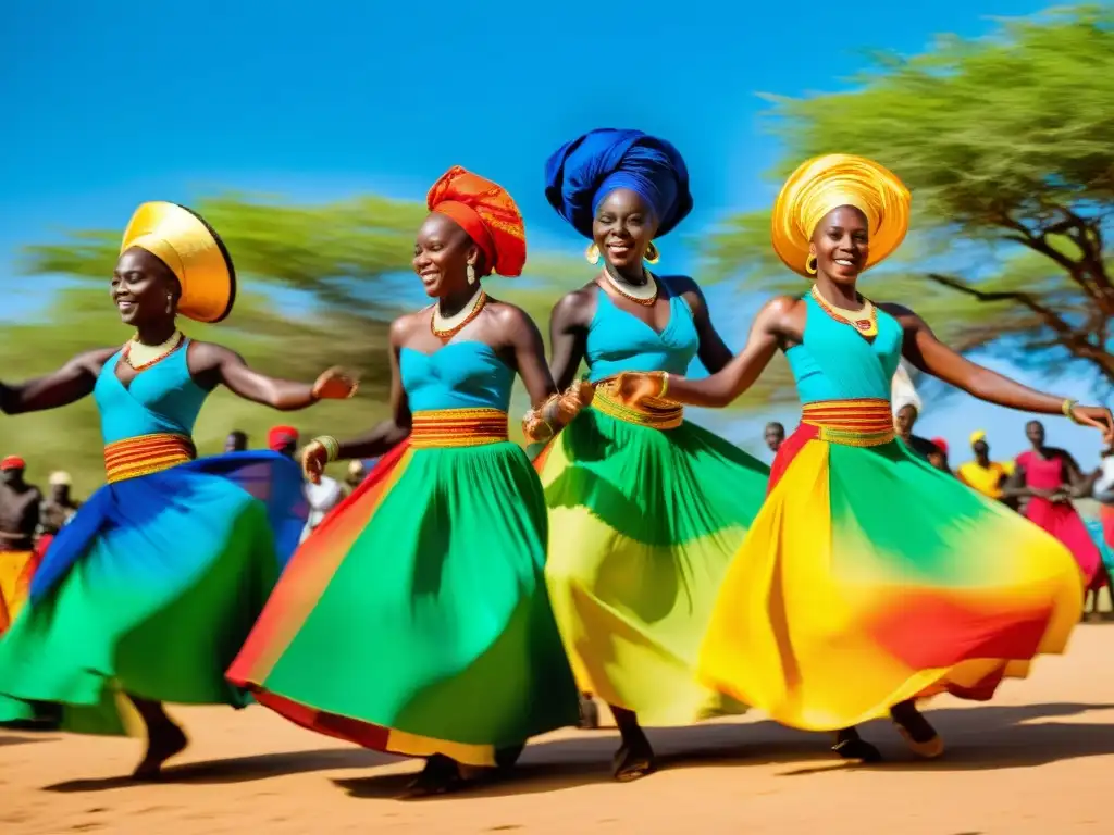 Grupo de bailarines senegaleses en trajes tradicionales danzando al ritmo de tambores africanos bajo el sol africano