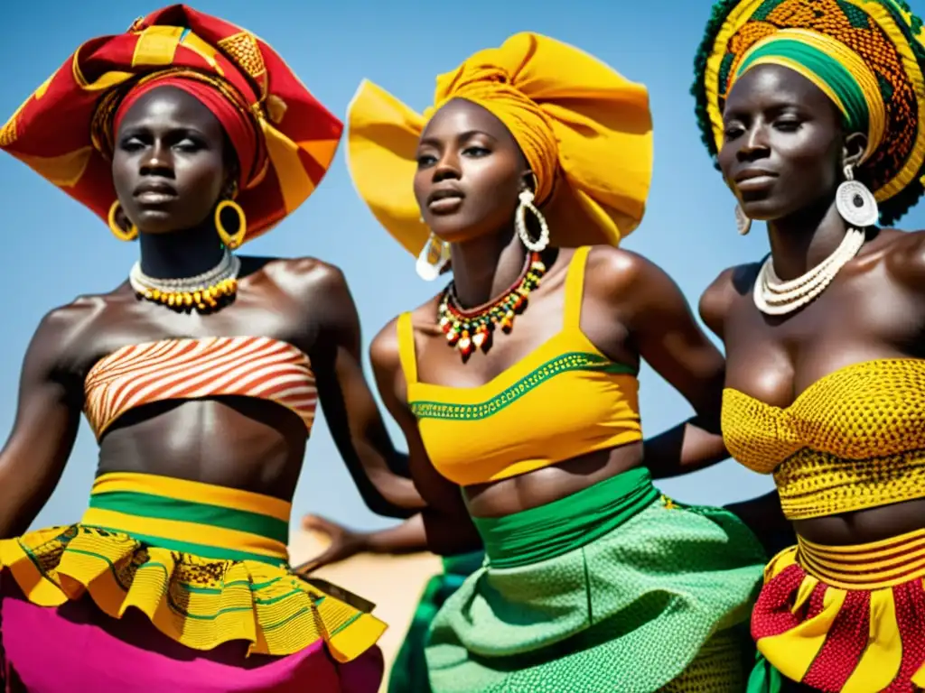 Grupo de bailarines senegaleses en trajes tradicionales vibrantes, moviéndose al ritmo del tambor mbalax bajo la luz del sol entre los baobabs