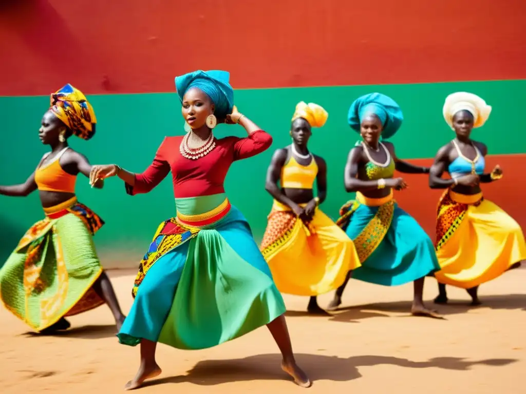 Grupo de bailarines senegaleses ejecutando la vibrante danza Sabar en un mercado bullicioso, reflejando el significado cultural de Senegal