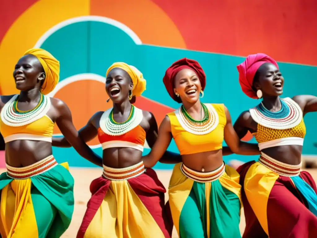 Grupo de bailarines senegaleses en vibrante atuendo tradicional, expresando la energía y el significado cultural de la danza Sabar en Senegal