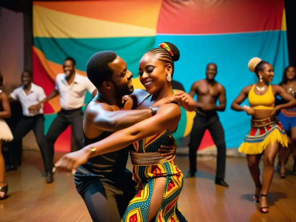 Un grupo de bailarines disfruta de la sensual danza Kizomba en un salón decorado con murales que reflejan la historia y la cultura de Angola