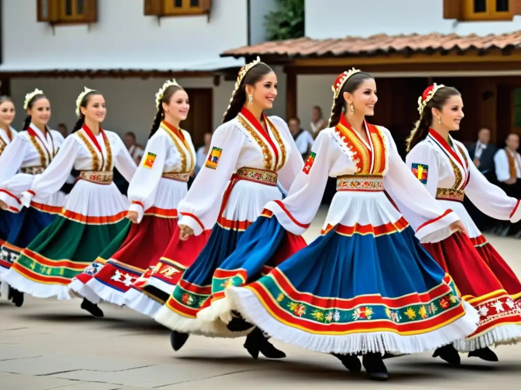 Un grupo de bailarines serbios viste trajes tradicionales coloridos mientras realizan el Kolo