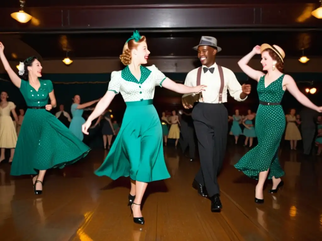 Un grupo de bailarines disfruta del significado cultural de la danza Swing en un salón vintage, exudando alegría y energía en cada paso