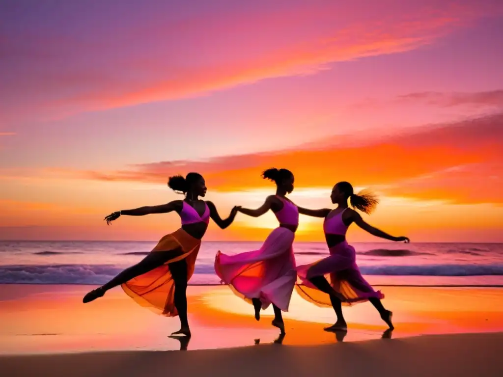 Grupo de bailarines danzando con significado espiritual en la playa al atardecer, reflejando la serenidad del océano