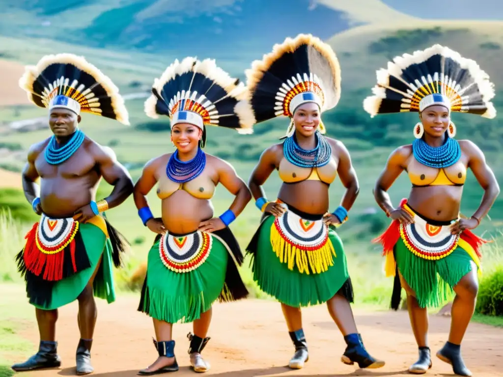 Grupo de bailarines Zulu en Sudáfrica, expresando simbolismo y energía cultural en danza tradicional