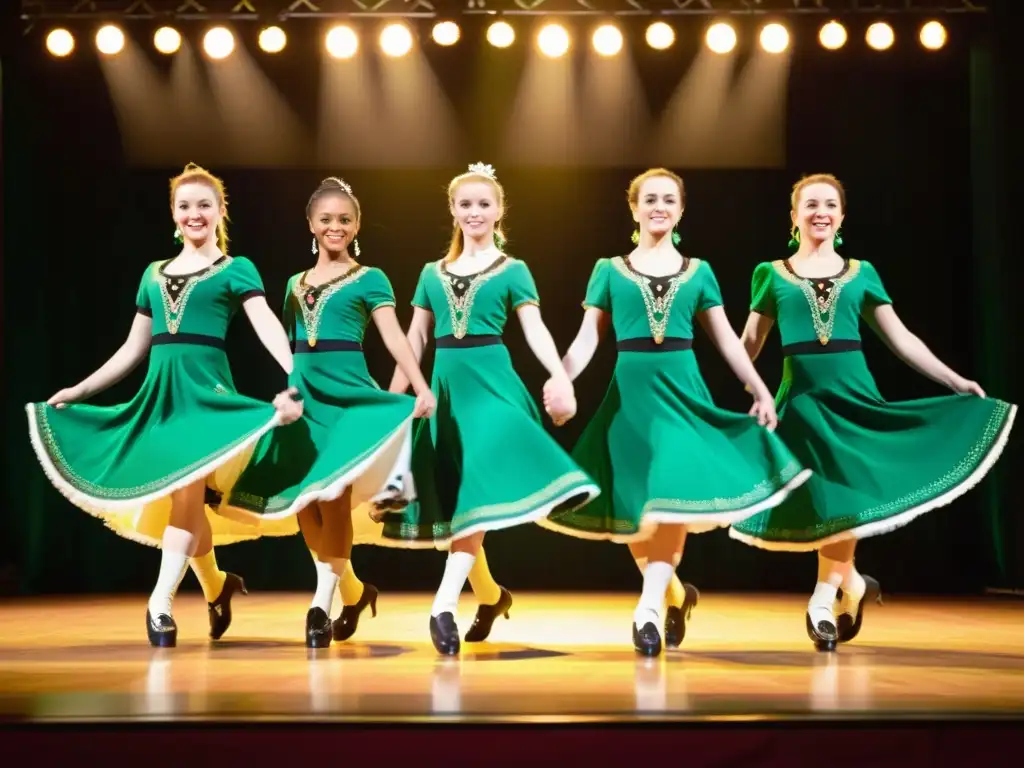 Grupo de bailarines de step dance irlandés en trajes tradicionales, ejecutando movimientos precisos y enérgicos en el escenario