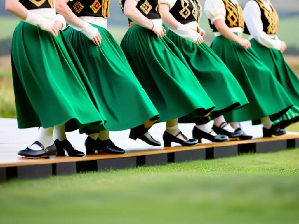 Grupo de bailarines de Step Dance irlandesa ejecutando movimientos precisos y enérgicos en un escenario, vestidos con trajes tradicionales vibrantes