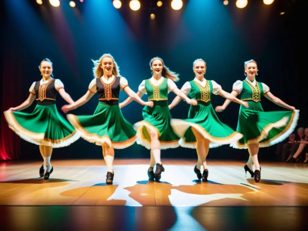 Grupo de bailarines de Step Dance irlandesa ejecutando movimientos precisos en un escenario iluminado