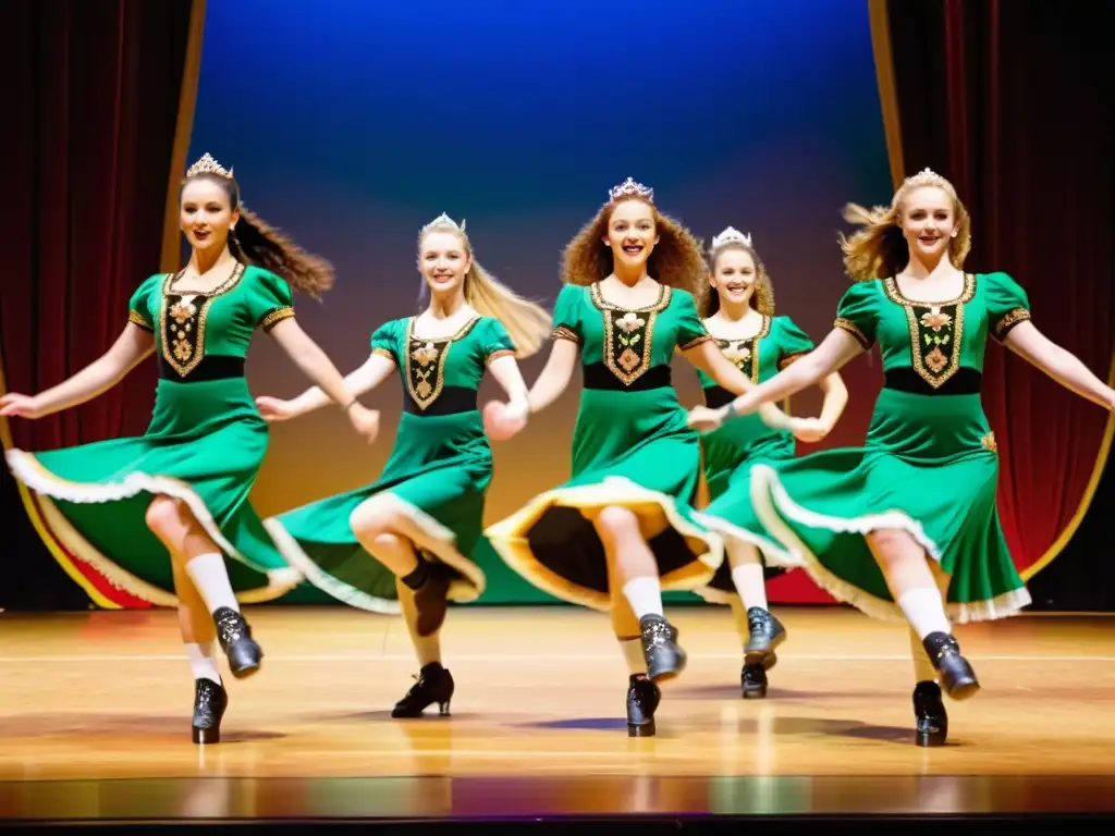 Grupo de bailarines de Step Dance irlandesa en escenario, mostrando pasión y precisión en sus movimientos