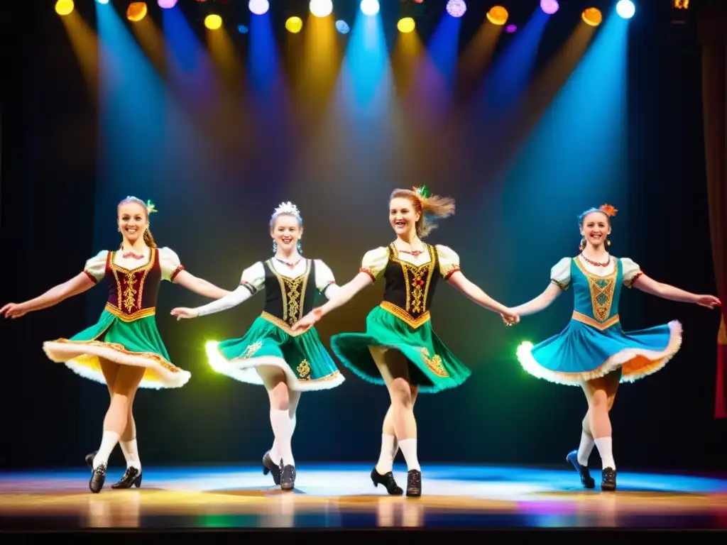 Grupo de bailarines de step dance irlandés ejecutando movimientos precisos en el escenario, con trajes tradicionales y símbolos celtas