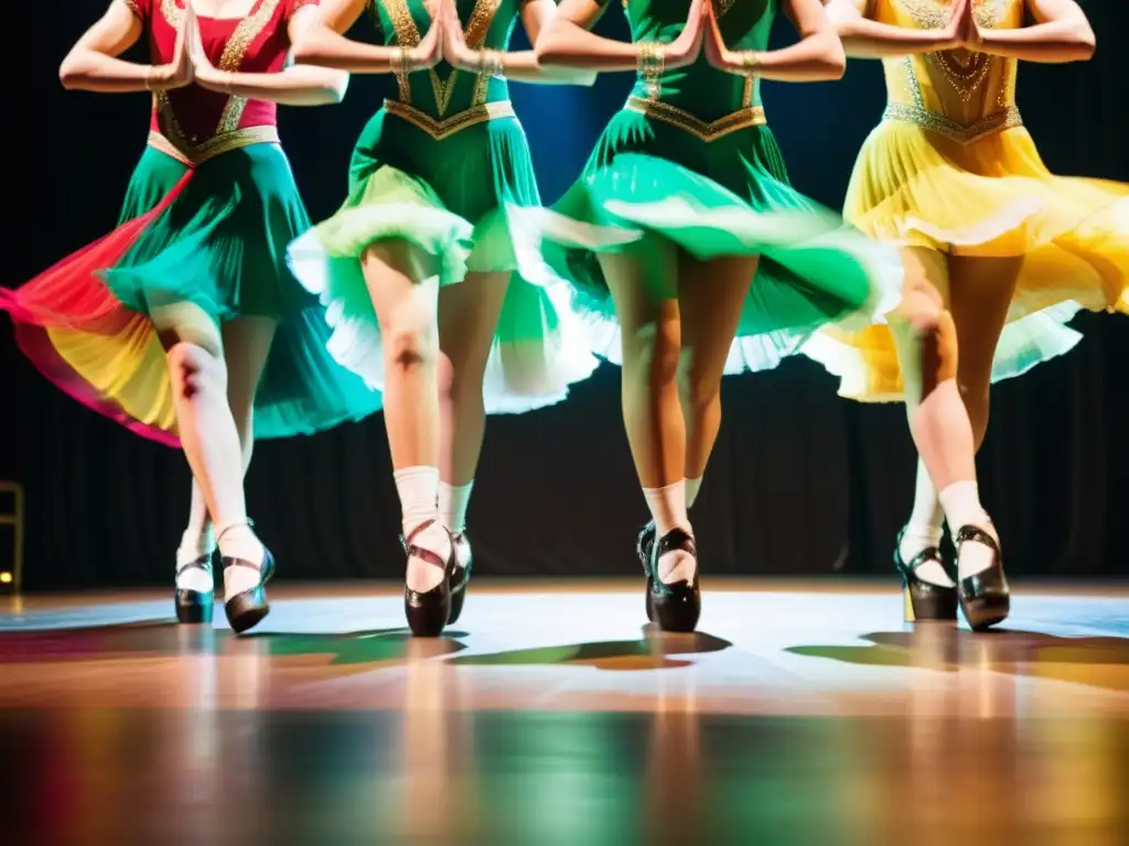 Un grupo de bailarines de step dance irlandés ejecutan una coreografía sincronizada con pasión y energía en un escenario dramáticamente iluminado