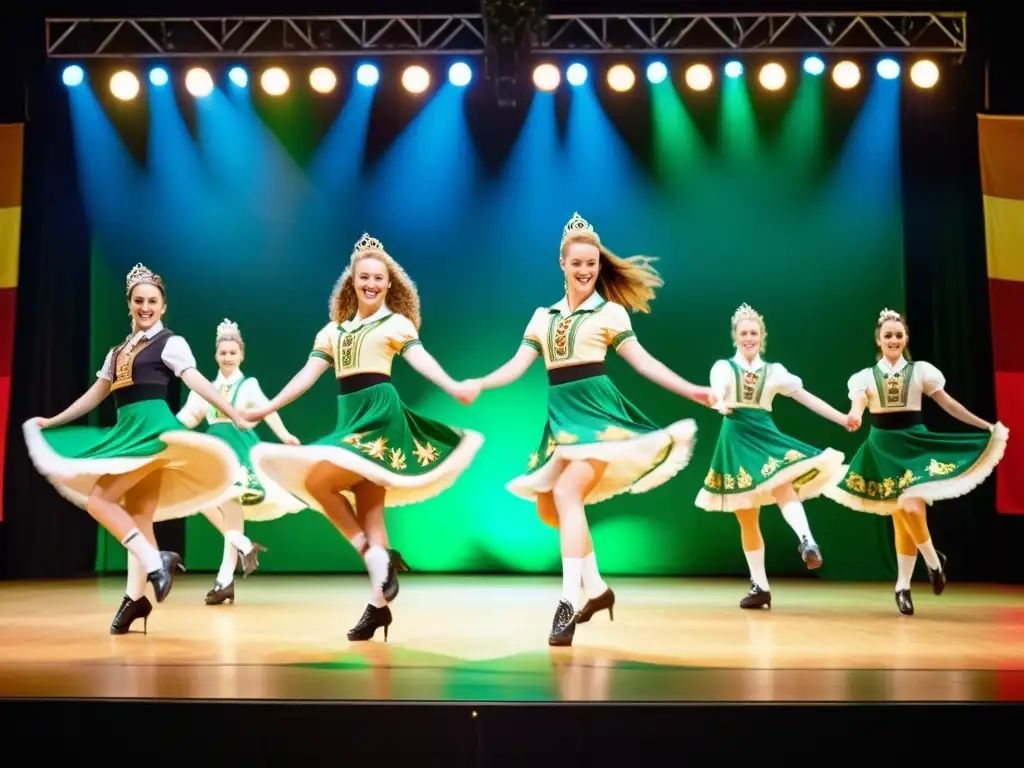 Grupo de bailarines de step dance irlandés ejecutando técnicas precisas en un escenario, rodeados de un público vibrante y enérgico