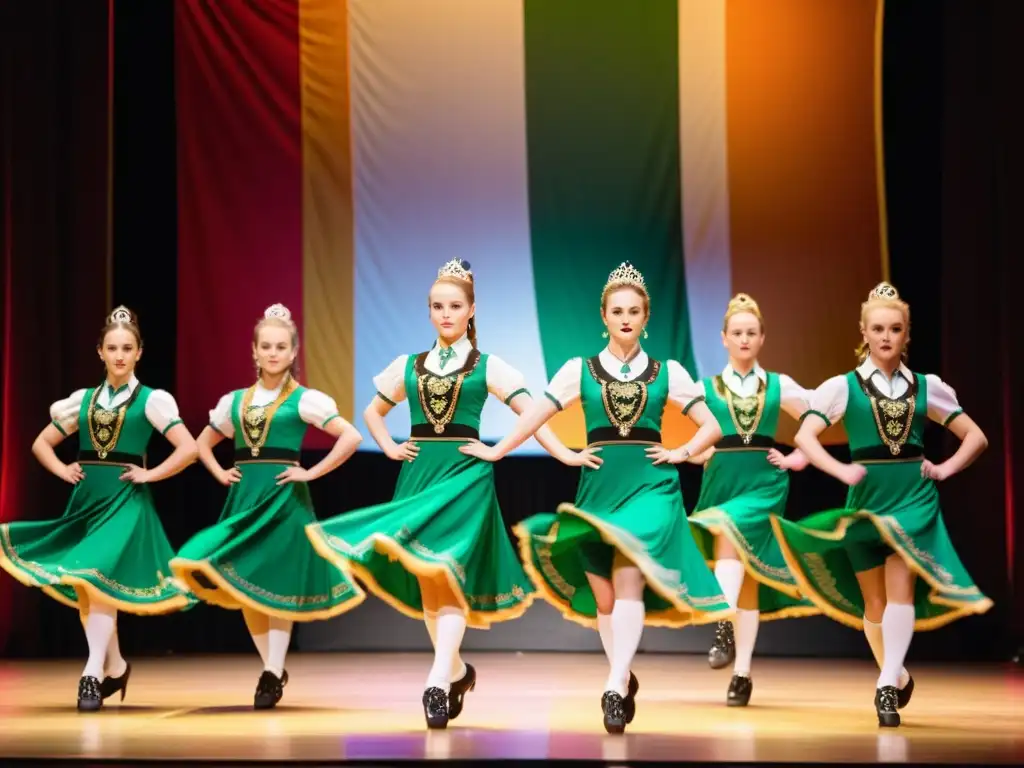 Un grupo de bailarines de step dance irlandés en trajes tradicionales, realizando movimientos precisos en un escenario adornado con motivos celtas