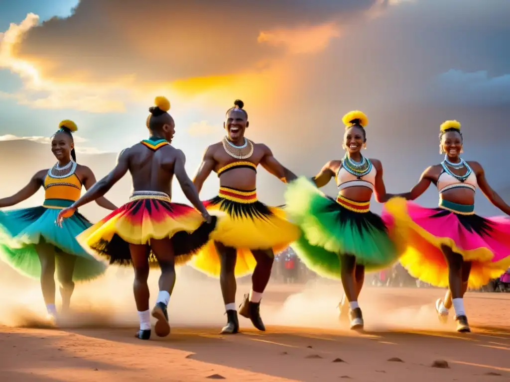 Grupo de bailarines sudafricanos realizando la enérgica danza Amapiano al atardecer