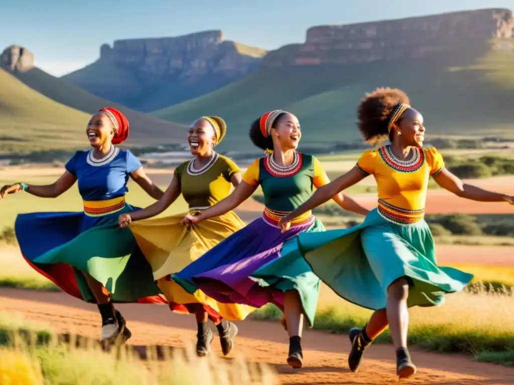 Grupo de bailarines sudafricanos en el festival Umteyo, expresando significado cultural y alegría en saltos y movimientos coloridos