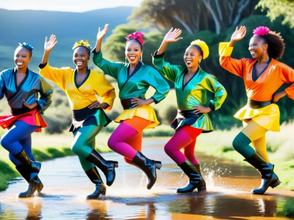 Grupo de bailarines sudafricanos con trajes tradicionales y gumboots realizando una danza vibrante al aire libre