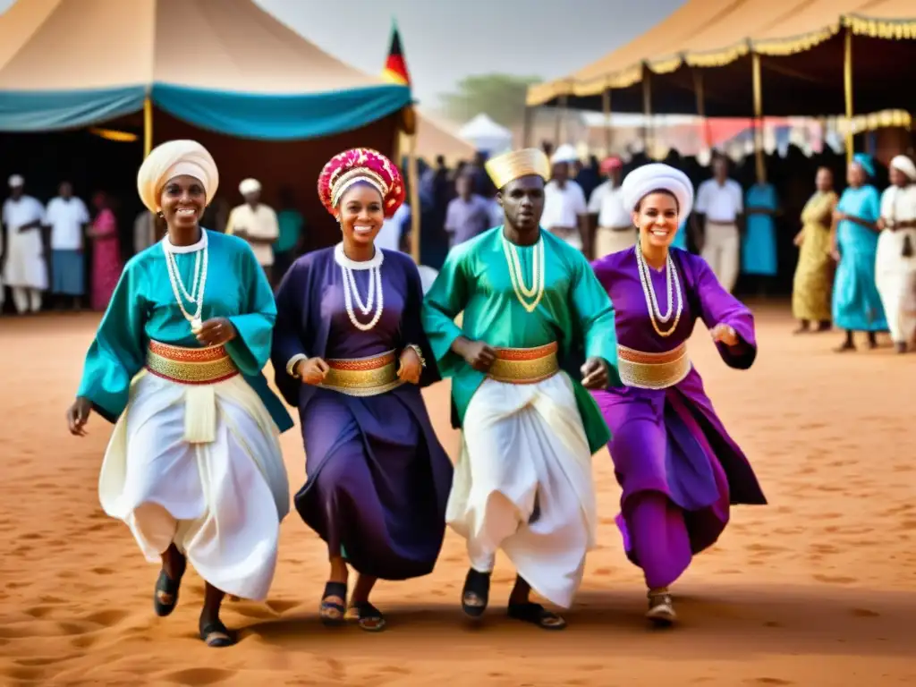 Un grupo de bailarines sudaneses realizando la tradicional danza Dabke africana en un bullicioso mercado, capturando la influencia árabe en la danza