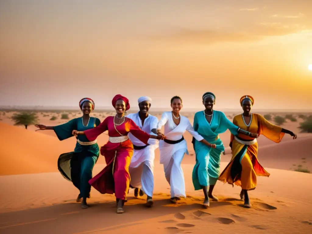 Grupo de bailarines sudaneses en trajes tradicionales realizando la danza Dabke en el desierto, mostrando la influencia árabe en la danza africana