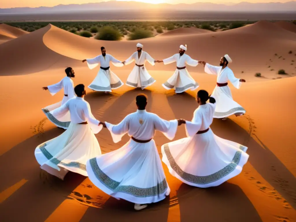 Un grupo de bailarines sufíes danzan en el desierto al atardecer, creando un remolino de colores y significado espiritual