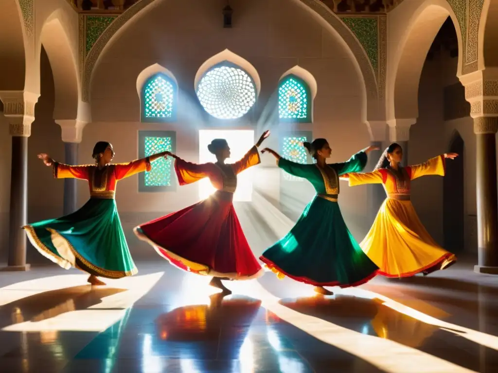 Grupo de bailarines sufíes girando en un festival de danza en Konya, sus túnicas fluyen en movimientos serenos y espirituales, iluminados por la cálida luz del sol