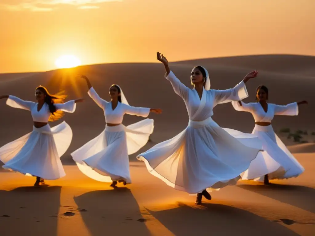 Un grupo de bailarines sufíes en un trance espiritual, envueltos en luz dorada al atardecer