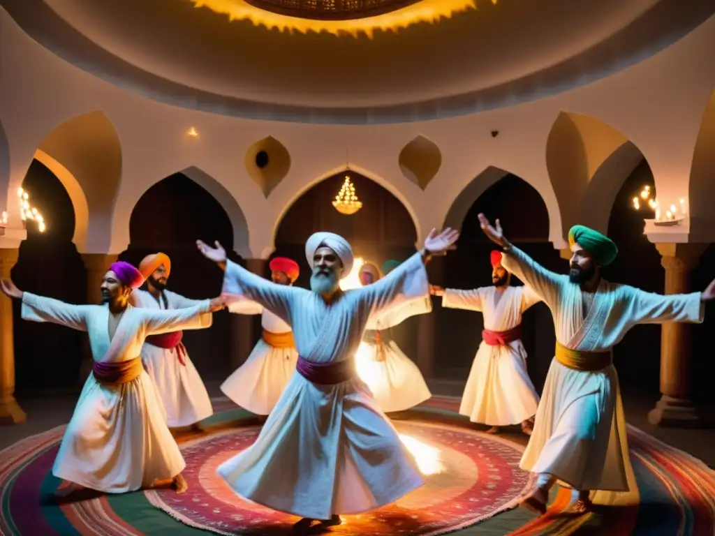 Un grupo de bailarines sufíes con túnicas blancas y turbantes coloridos giran en trance en un ritual espiritual