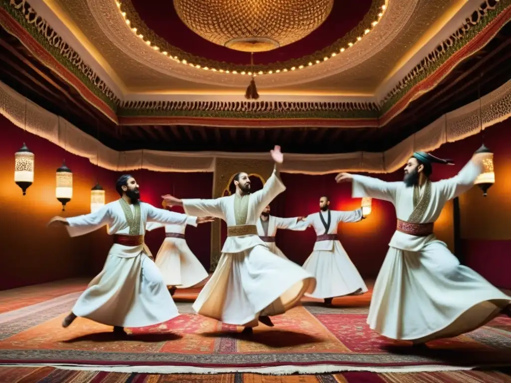 Grupo de bailarines sufíes en túnicas blancas, girando graciosamente en un salón ricamente decorado