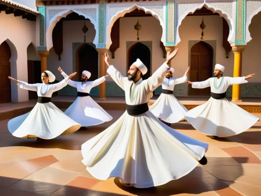 Un grupo de bailarines sufíes en túnicas blancas girando en un patio soleado con patrones de mosaico, mientras un músico toca una melodía hipnotizante