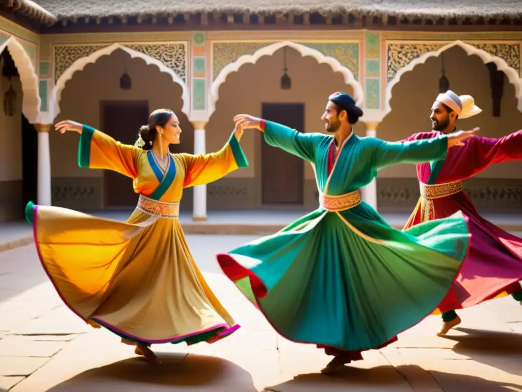 Un grupo de bailarines sufíes vestidos con túnicas vibrantes gira con gracia en un patio soleado, mostrando la enseñanza de danza sufí en Asia Central