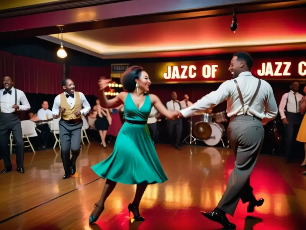 Grupo de bailarines de swing en un club de jazz histórico, exhibiendo la alegría y energía del significado cultural de la danza swing