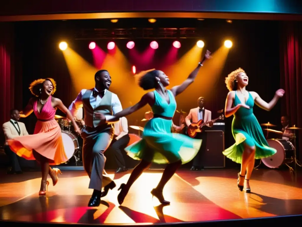 Grupo de bailarines disfrutando del swing y lindy hop en un club de jazz, reflejando las raíces afroamericanas del baile