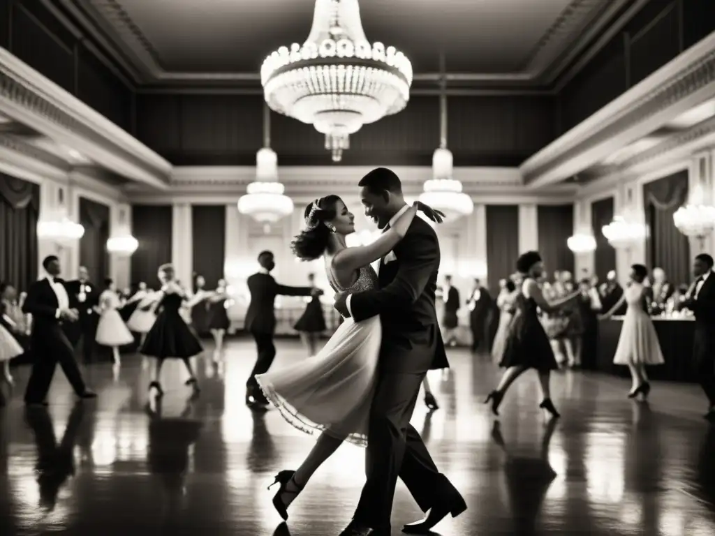 Grupo de bailarines de swing en un salón ornado, ejecutando movimientos con pasión y alegría