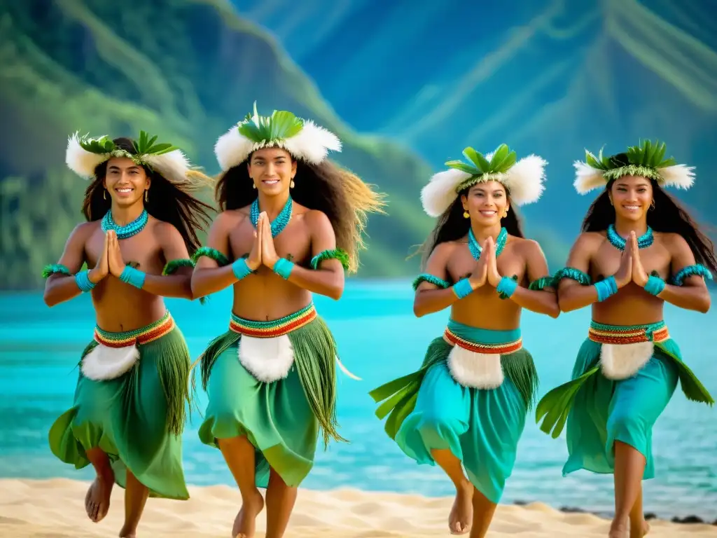 Grupo de bailarines tahitianos realizando las antiguas técnicas del Poerava de Tahití, con pasión y gracia, en paisaje tahitiano