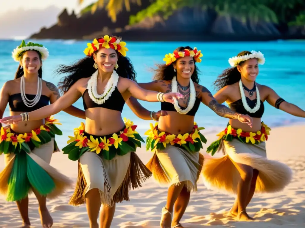 Grupo de bailarines tahitianos realizando el Aparima al atardecer en la playa, con significado cultural del Aparima de Tahití